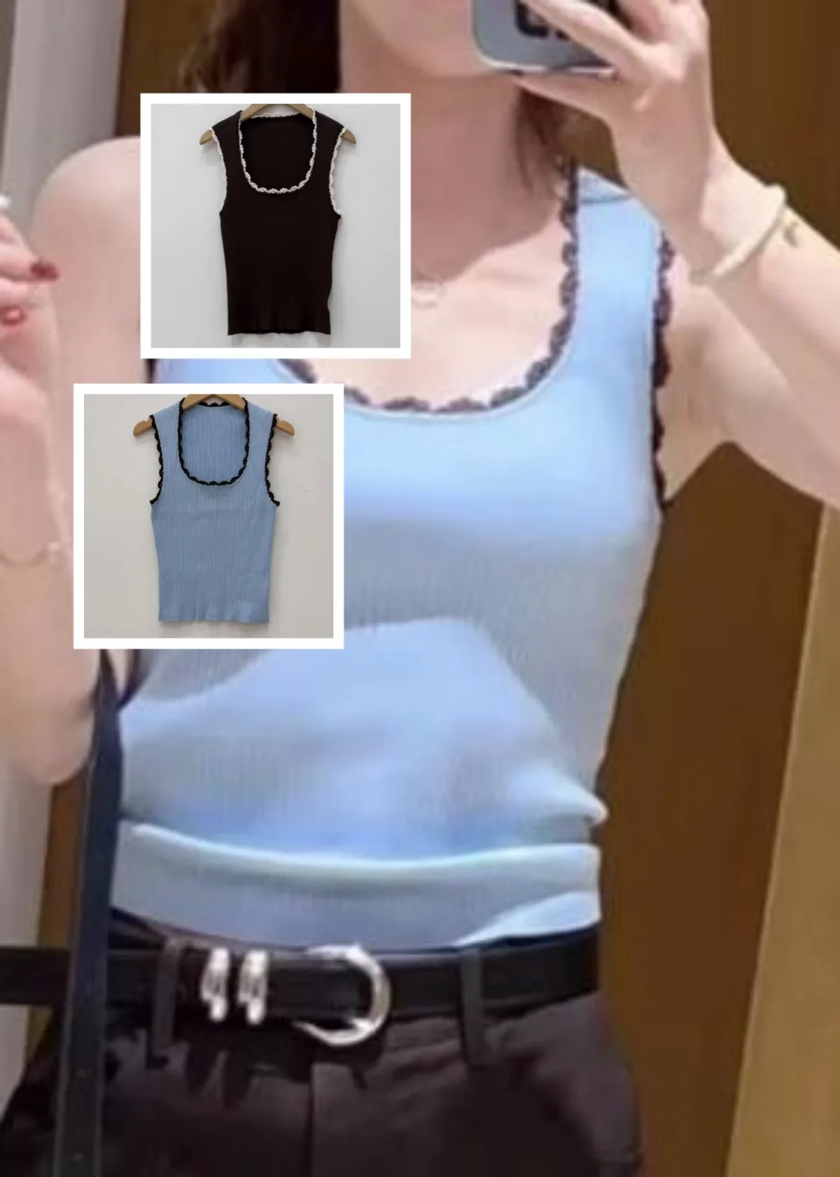 

Contrasting Color Lace Trim Women's Knitted Vest Elegance Slim Round Neck Sleeveless Ladies Versatile Bottom Tank Top