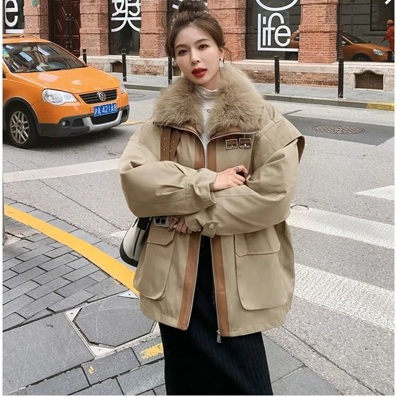 Black Parker Cotton Jacket For Women's Winter Coat  Plus Velvet Warm Overcoat New Female Loose Big FurCollar Outcoat Plus Size