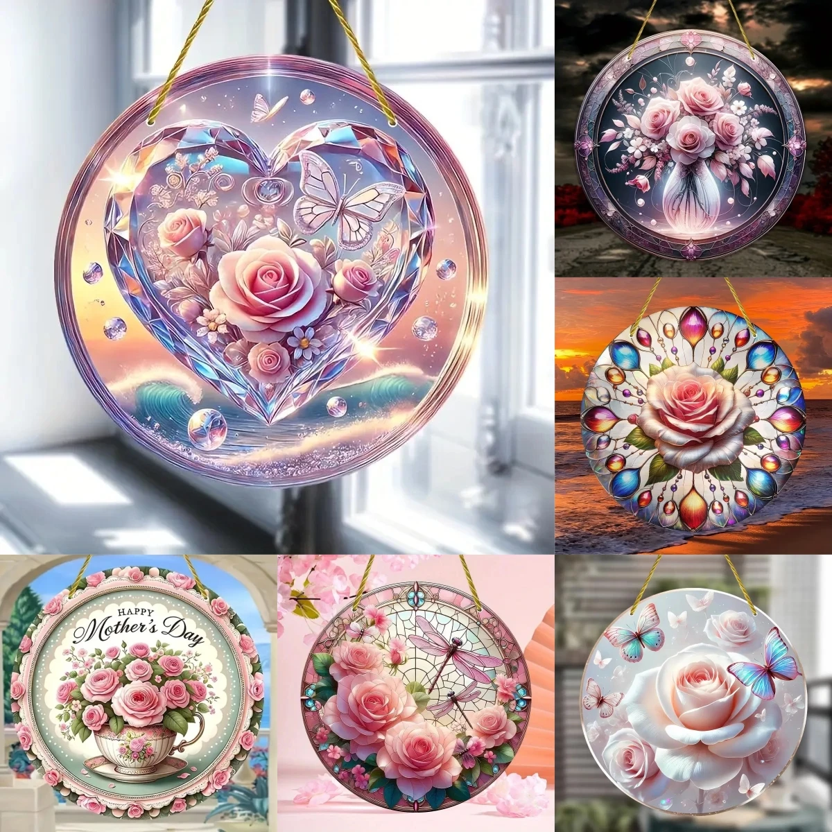 Romantic Pink Love Rose Sun Catcher-Round Acrylic Stained Translucent Window Hanging Sign,Home,Porch,room,bedroom,Garden Decor
