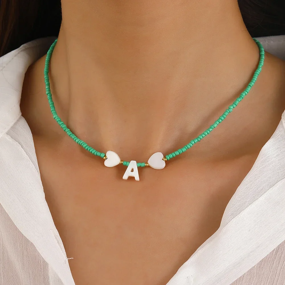 Bohemian Style Choker Neck Women Necklace Beike Initial Letter green Rice Bead Necklaces Women's Jewelry Birthday Gifts  Trend