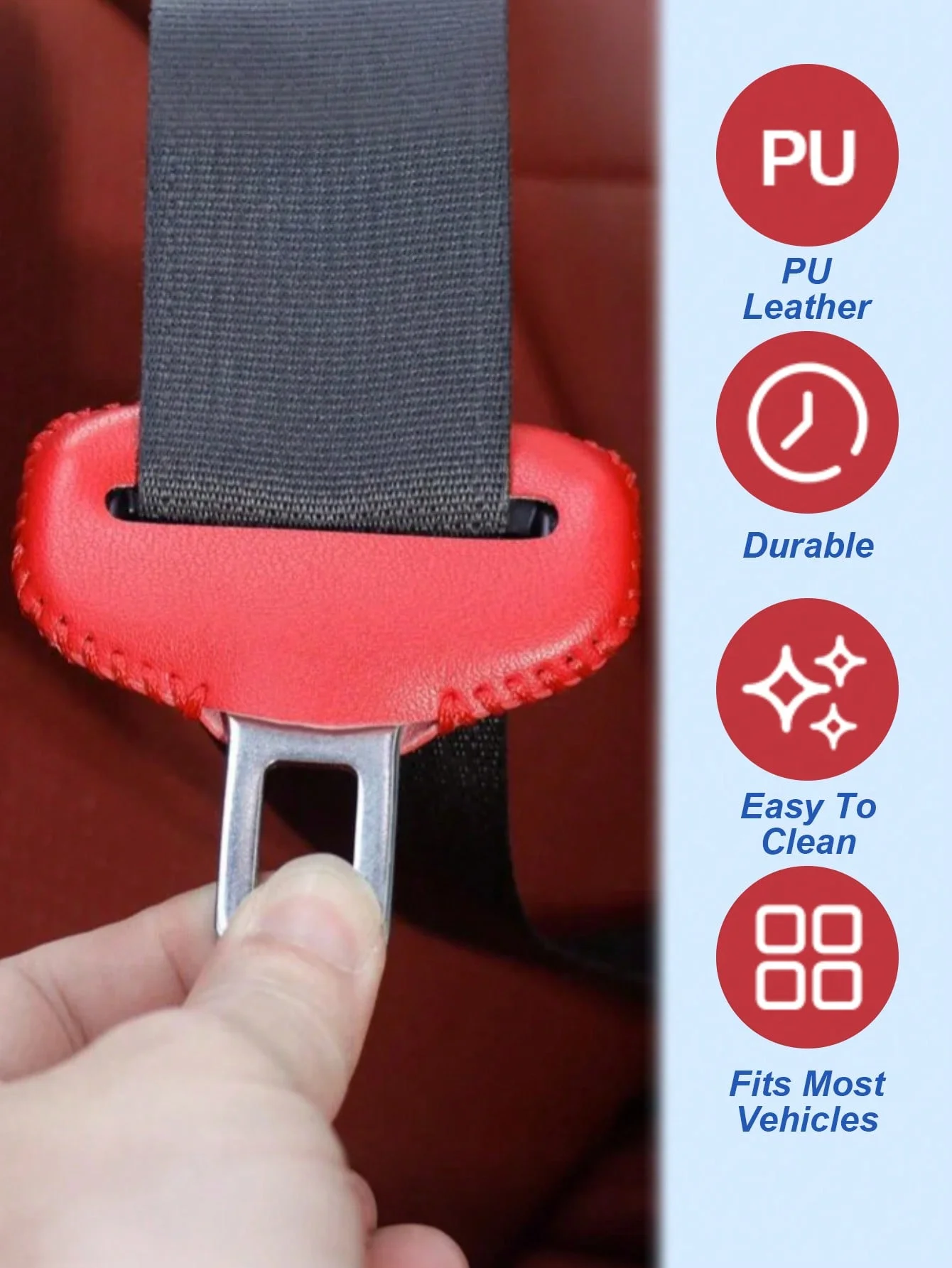 2個のPUレザーシートベルトバックルプロテクター - 傷つきにくい、快適な車のシートベルトインサートプロテクター、ステッチエッジ付き