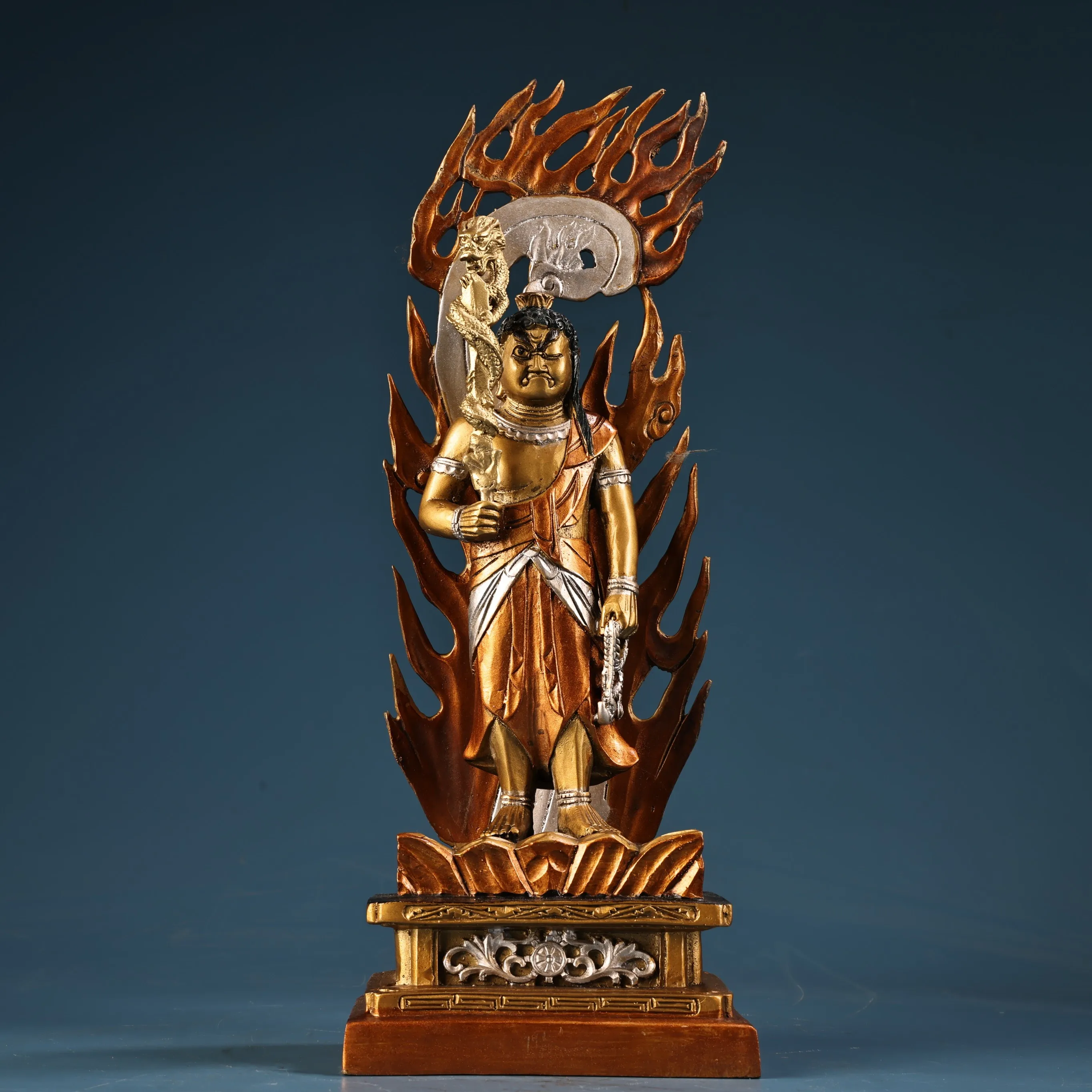 Old Bronze Painted Gilded High relief Acalanatha Bodhisattva Flame backlight Lotus Buddha Terrace Amitabha Study screen
