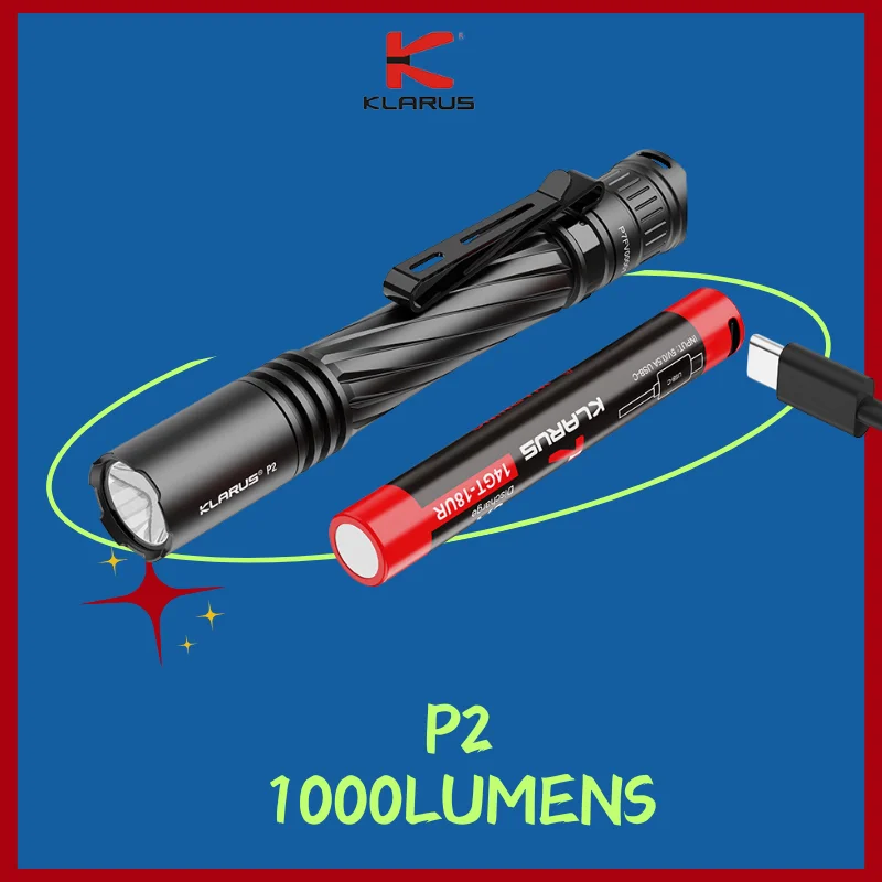 klarus-p2-充電式led懐中電灯-edcペンライト-1000ルーメン-14100-1800mahバッテリー付き