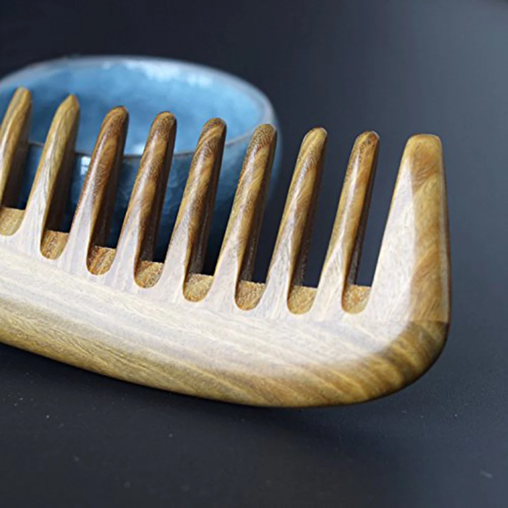 AEE6-Wide Tooth Natural Sandalwood Hair Comb- No Static Wooden Detangling Comb With Smooth Handle For Thick Curly Wavy Hair