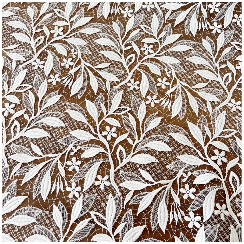 White Milk Silk Embroidered Lace Thick Fabric with Leaf Hollowed - Out Design for Wedding Dresses Clothing Accessories view 3
