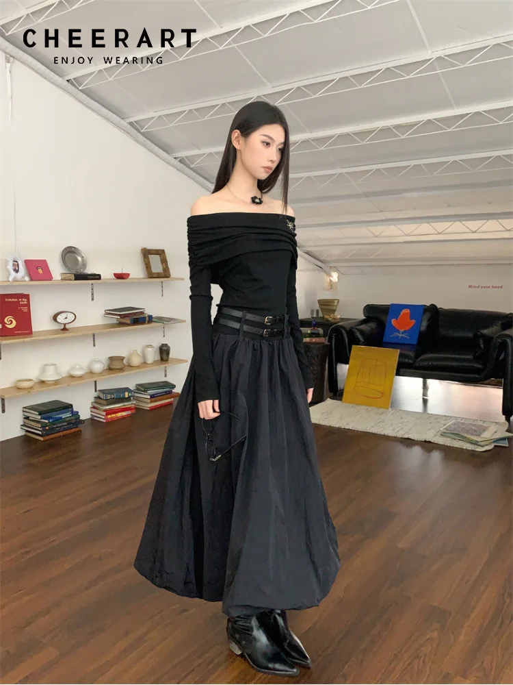 CHEERART Autumn Off The Shoulder Long Sleeve Midi Dress 2024 Women Black Tunics Bud Patchwork Long Luxury Dresses Clothing