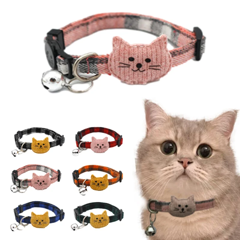 Multi Color Cartoon Creativity Cat Plaid Collar Pet Bell Cute Cat Head Buckle Cat Collars Pet Accessories Pet Dressing Tool