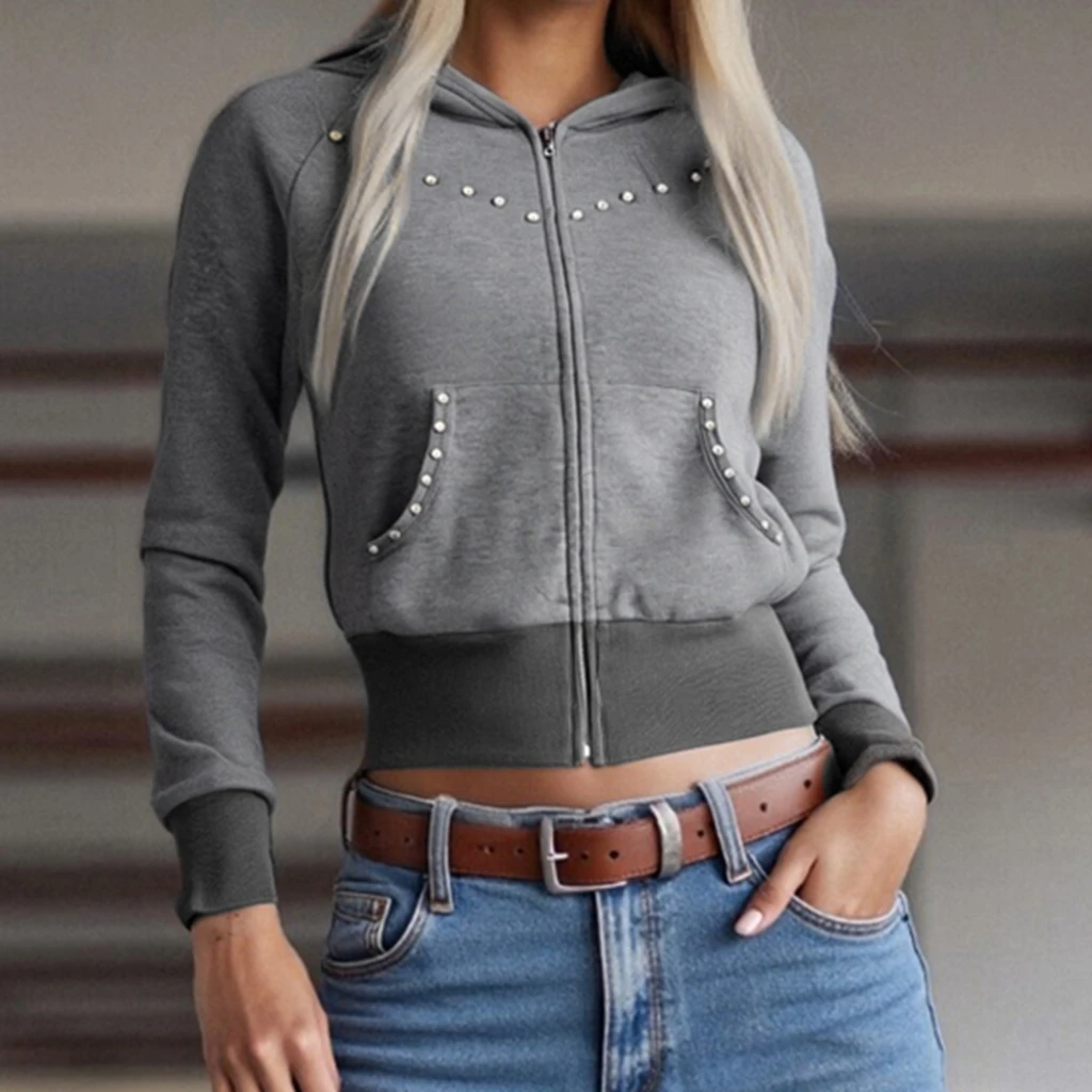 

Классическая женская однотонная толстовка с длинным рукавом и заклепками на молнии, крутая уличная повседневная куртка, верхняя одежда