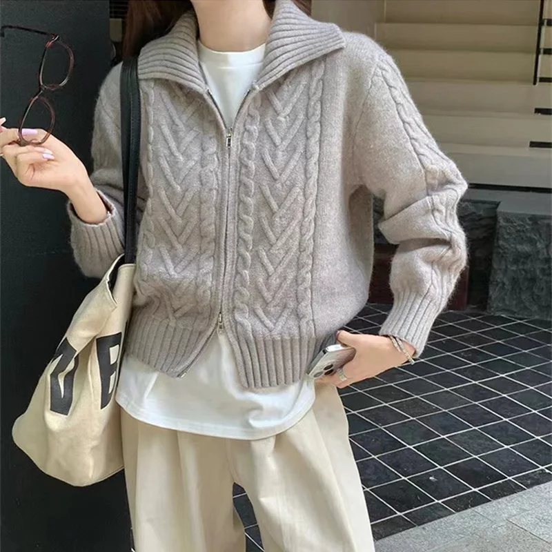 

Элегантный повседневный свитер с длинными рукавами и молнией с лацканами, осень-зима, новый утолщенный мягкий женский вязаный кардиган