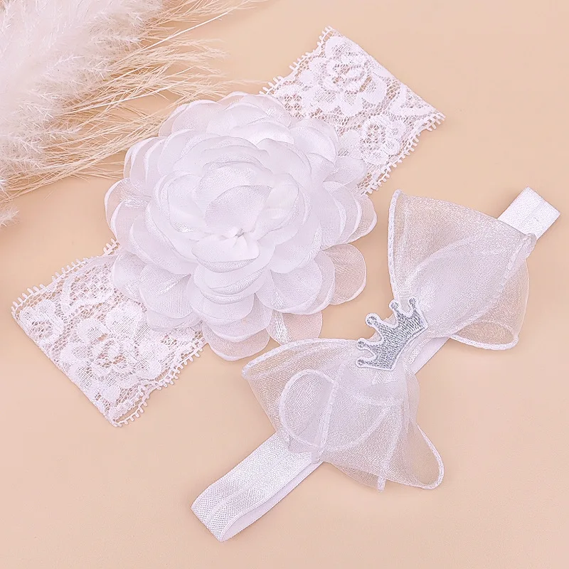 

Детская белая кружевная повязка на голову с цветами, бантом и сеткой, широкая повязка-тюрбан для девочек, аксессуар для фотосессии новорожденных