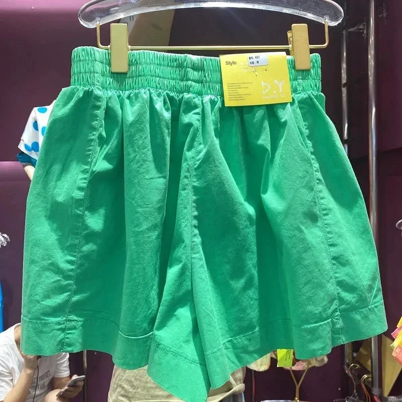 Shorts femininos de cintura alta cor doce, casual de rua, calças curtas com rotulagem de pernas largas, amarelo neon, coreano, verão, B824