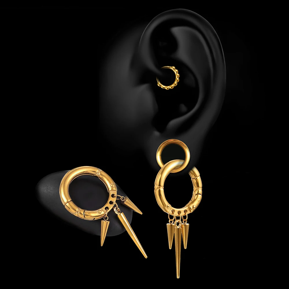 Giga 1/2Pcs 5.5MM Punk Ear Weights Hanger with Dangle Cone Stainless Steel For Ear Stretcher Guages Expander Piercing Jewelry