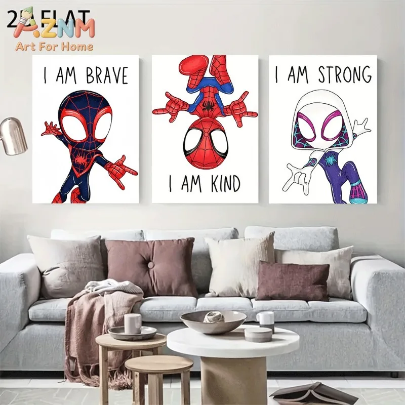 Cute Spider Hero Canvas Wall Art Print Positive Quote I Am Brave I Am Kind I Am Strong Cartoon Superhero Poster Unframed Canvas