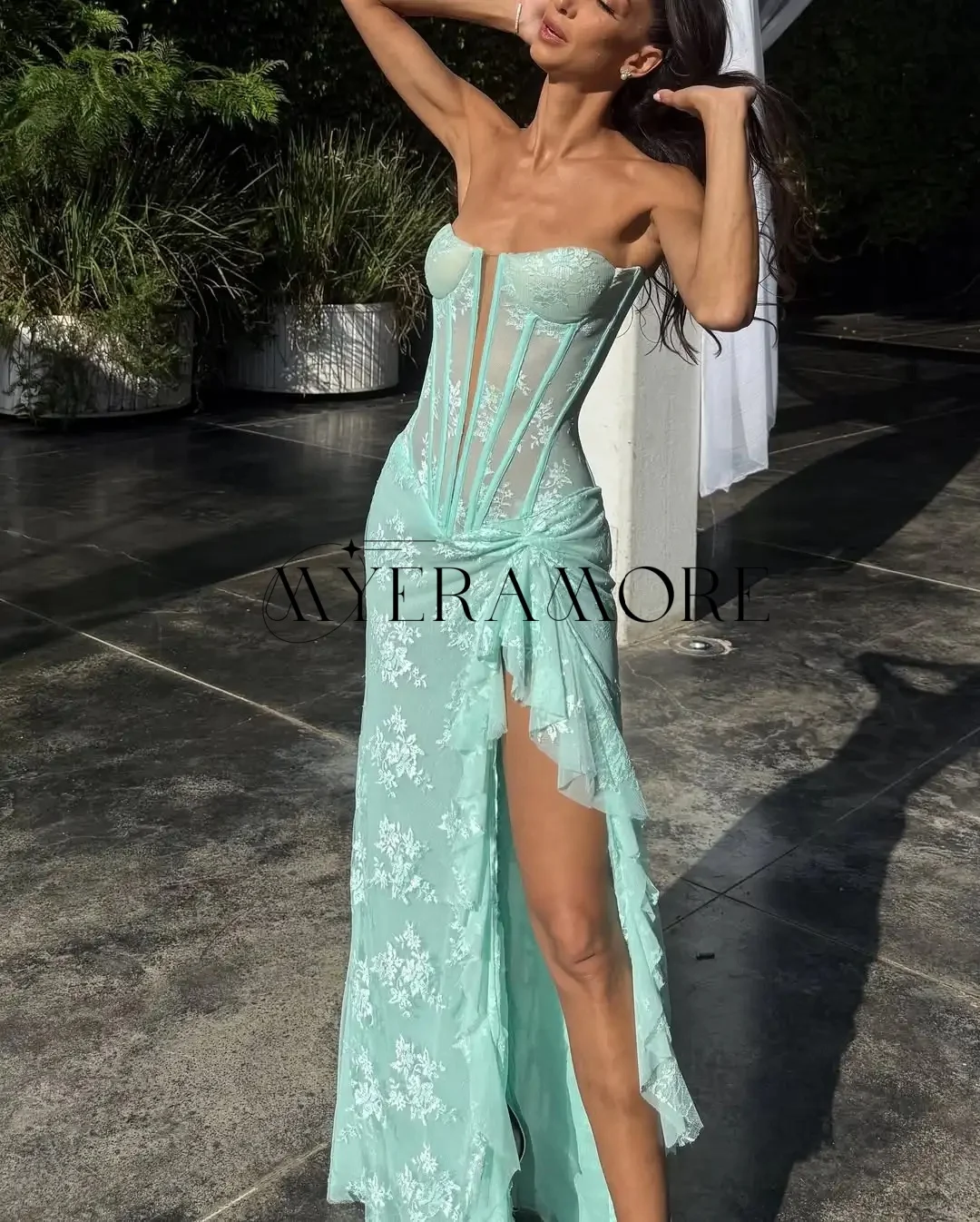 Vestidos de Noche sexis de sirena, vestidos de fiesta con volantes y abertura lateral de encaje verde, vestidos de fiesta personalizados