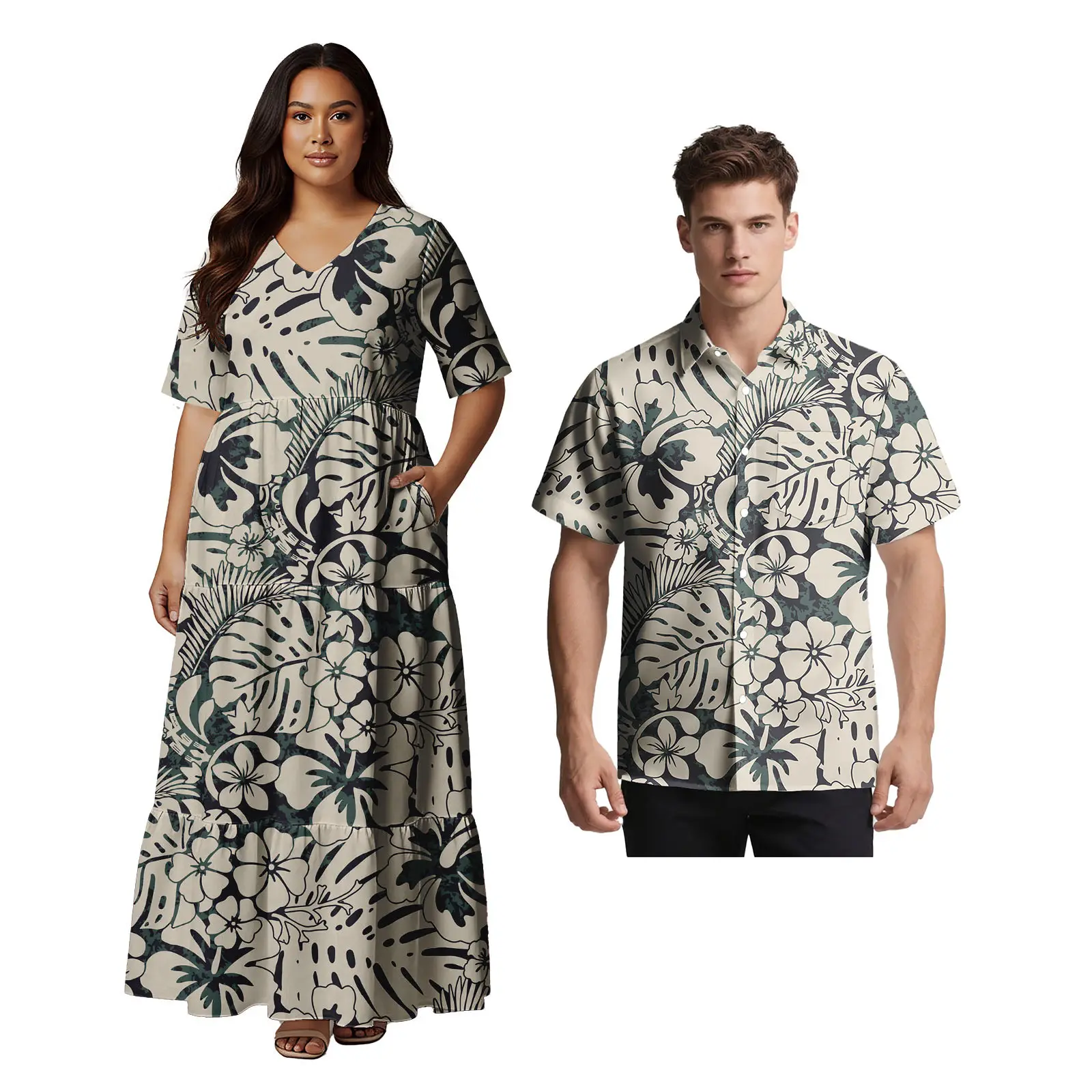 Samoan Ethnic Style Custom Clothes Polynesian Short Sleeve Women Dress Man Aloha T-Shirt Hawaiian Tribal Design Couple 2pc Set - Image 4