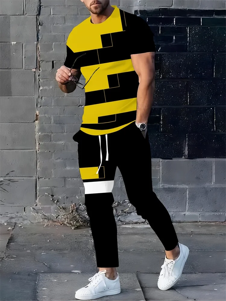 Simple Striped 3D Printed Men's Casual 2pcs Long Pants Set, Outdoor Street Fashion Trendy Men's Top And Casual Long Pants