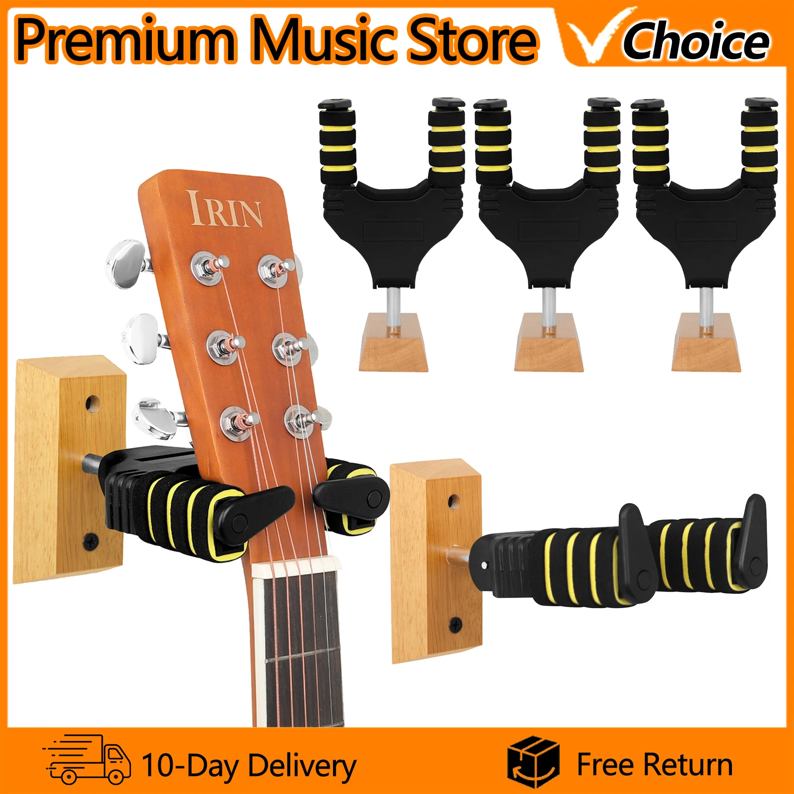 JYX-412-1 Self-Locking Guitar Wall Mount Hanger Solid Wood Base with Shock-Absorbing Sponge Gravity Lock for Guitar & Ukulele