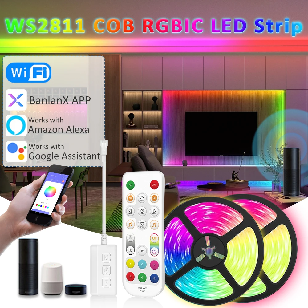 RGB IC FCOB Água Corrente Fluindo Luz de Tira LED, WiFi, Fita Flexível Pixel, Lâmpada de Controle de Voz Alexa, 5m, 10m, 15m, 20m, 24V