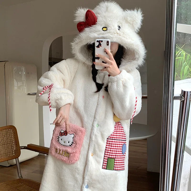 Cartoon Sanrio Hello Kitty nightgown hooded bathrobe pants two-piece set women\'s pajamas thermal loungewear pajamas women