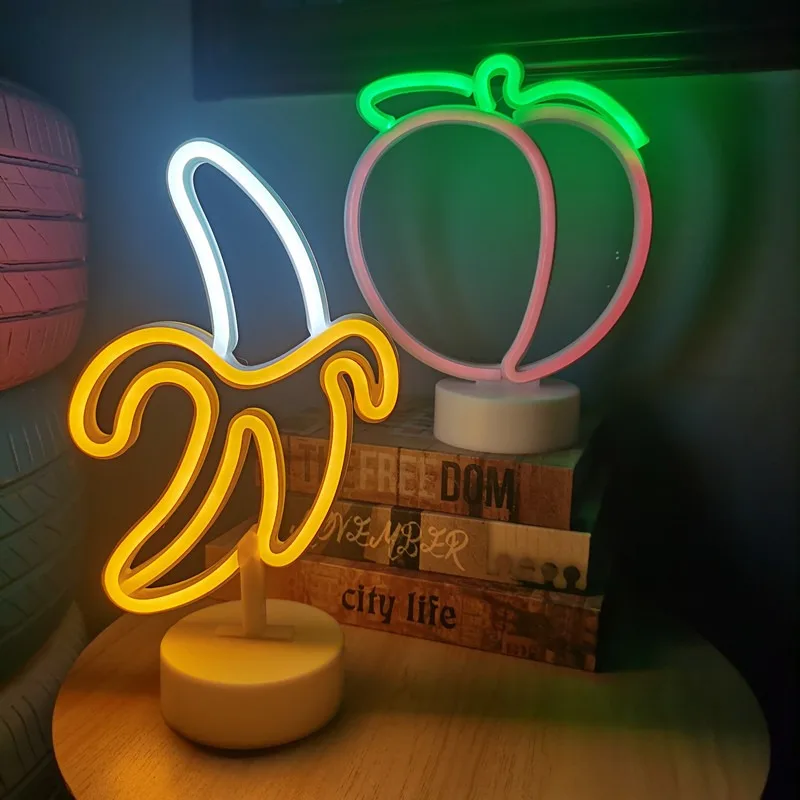 Imagem -03 - Led Neon Sign Lamp para o Quarto das Crianças Wall Art Decor Pêssego Cereja Banana Fruta Loja Mercado Casa Festa Aniversário