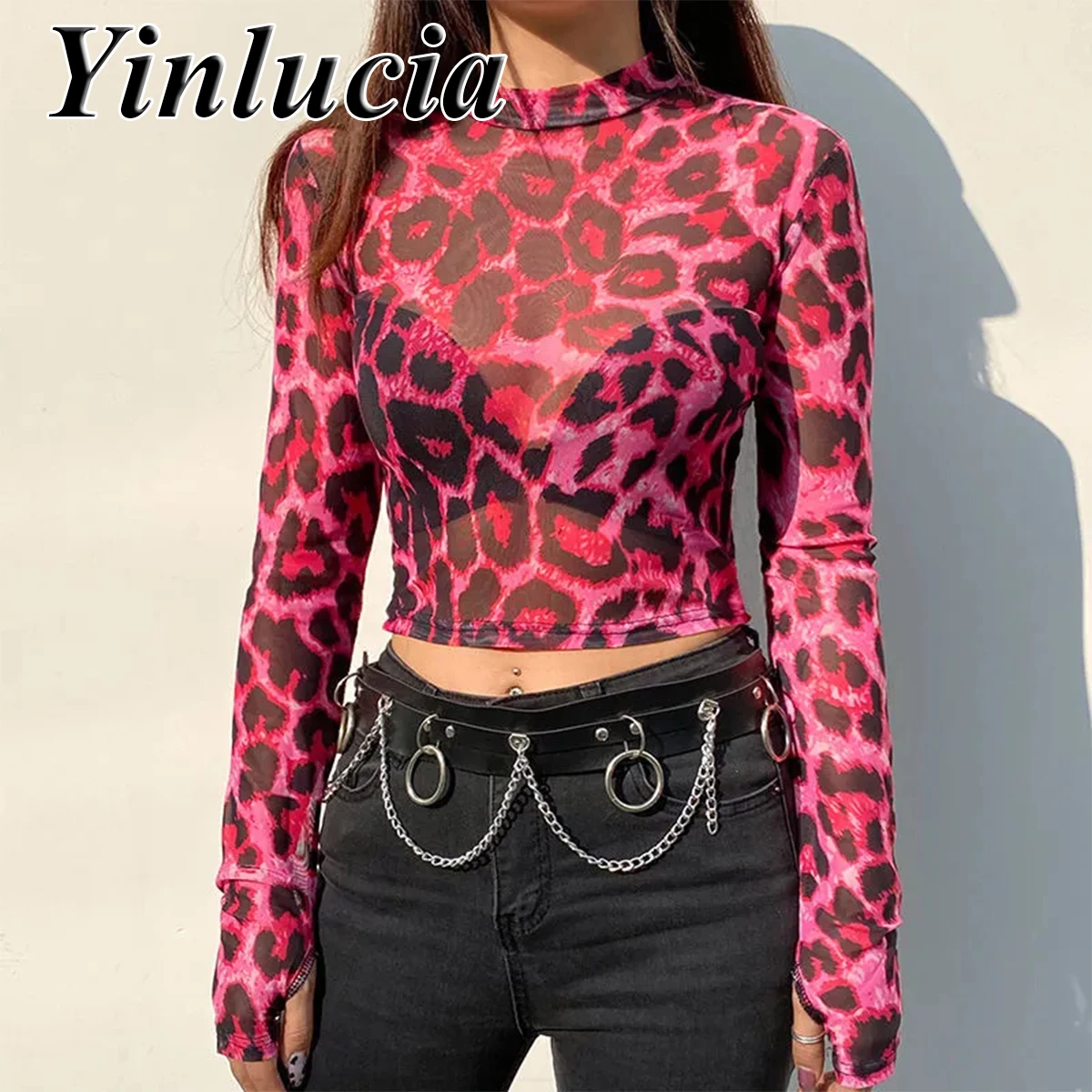 Seksowna różowa bluzka z elastycznym, dopasowanym krojem, odsłaniająca pępek, damska bluzka z siateczki, miękka bluzka, seksowna bluzka typu pulower, styl Y2K, na Boże Narodzenie.