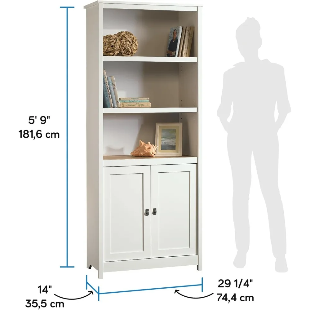 White Library Bookcase with Storage, Doors, and Adjustable Shelves