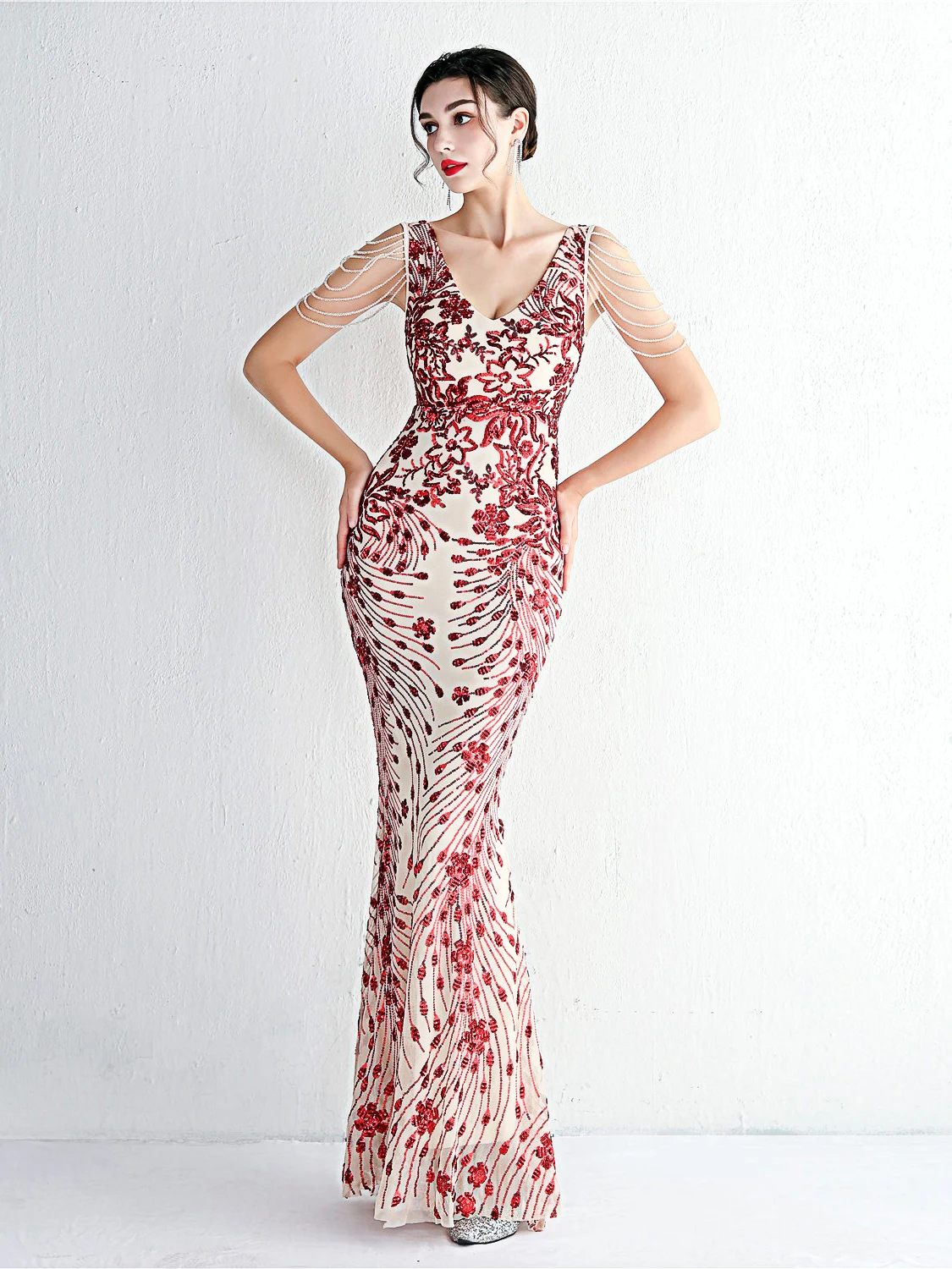 Robe de soirée longue et scintillante pour femmes, décolleté en V profond, coupe cintrée, queue de Fi Dr, Sensation de luxe, modèle hôte, Sexy, taille moyenne, fermeture éclair