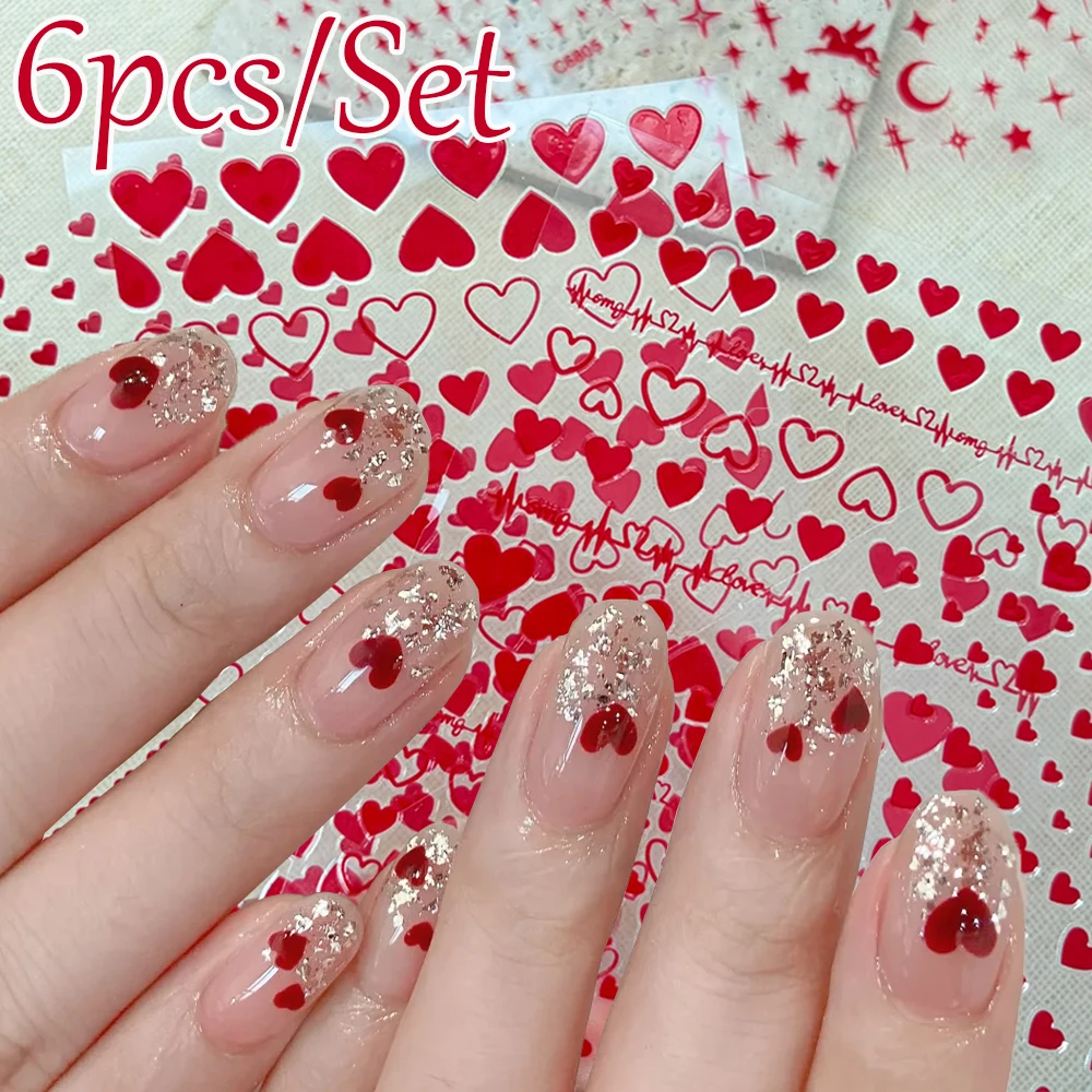 6Sheets Red Sexy Heart Nail Art Stickers 3D Valentine's Hollow Out Hearts/moon/stars Design Nail Decals DIY Nail Art Tips Decor