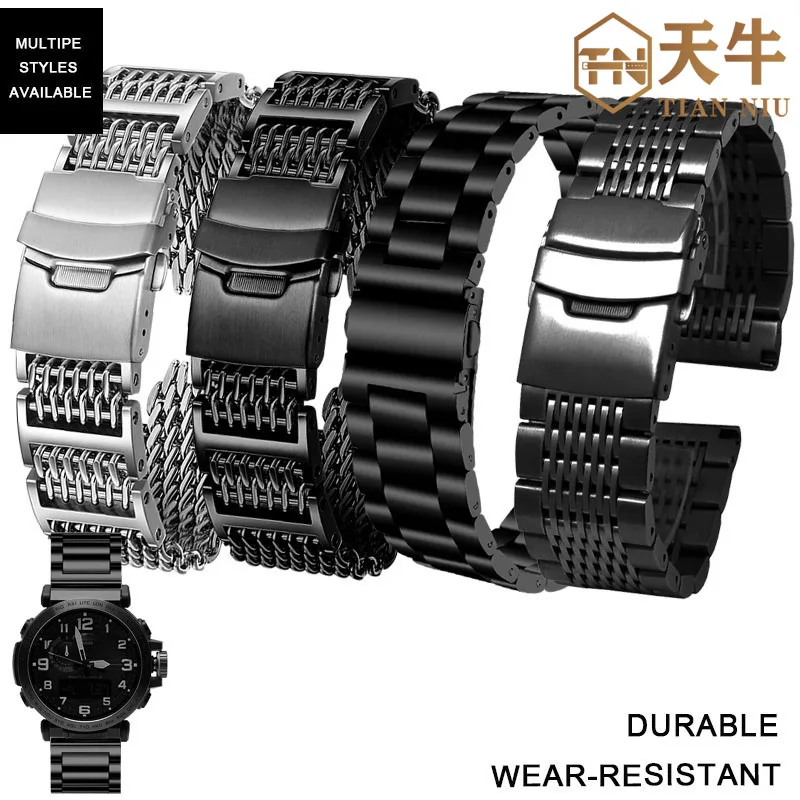 Gelang 24mm UNTUK Casio PRG-600 PRG-600YB PRG-650 PRW-6600Y pria logam hitam presisi baja tahan karat Aksesori rantai jam