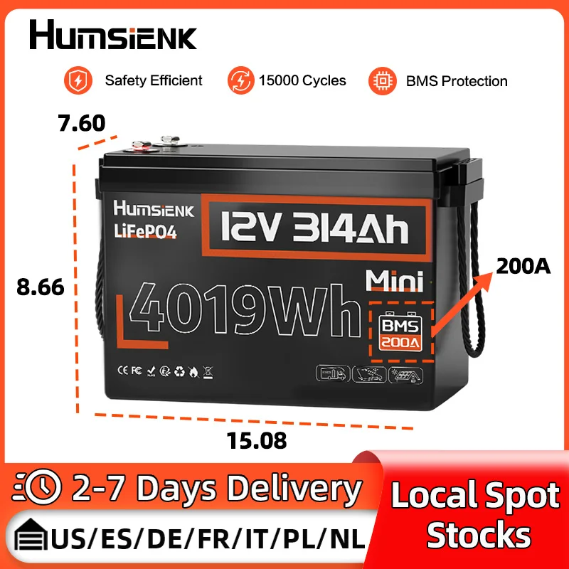 Humsienk 12V 314Ah lithium-ijzerfosfaatbatterij Ingebouwde 200A BMS Geweldige A+ LiFePO4-batterijcellen voor kamperen, varen, vissen