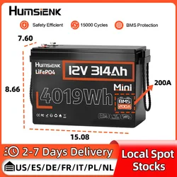 Humsienk 12V 314Ah Lithium Iron Phosphate Battery Built-in 200A BMS Great A+ LiFePO4 Battery Cells For Camping, Boating,Fishing