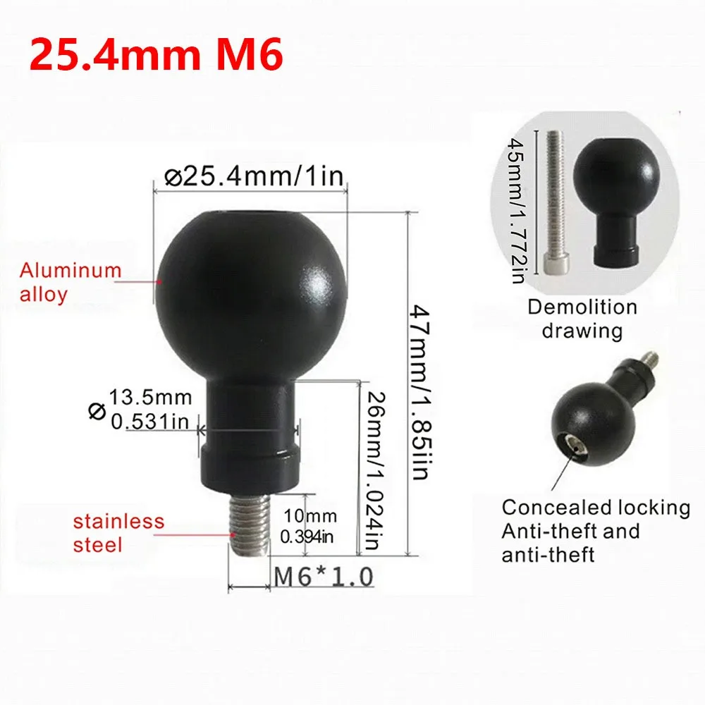 1Pcs 17mm 25.4mm Ball Head Ball Head Adapter M6 M8 M10 Bolt Universal Mounting Bracket Connector Easy Adjustment Aluminum