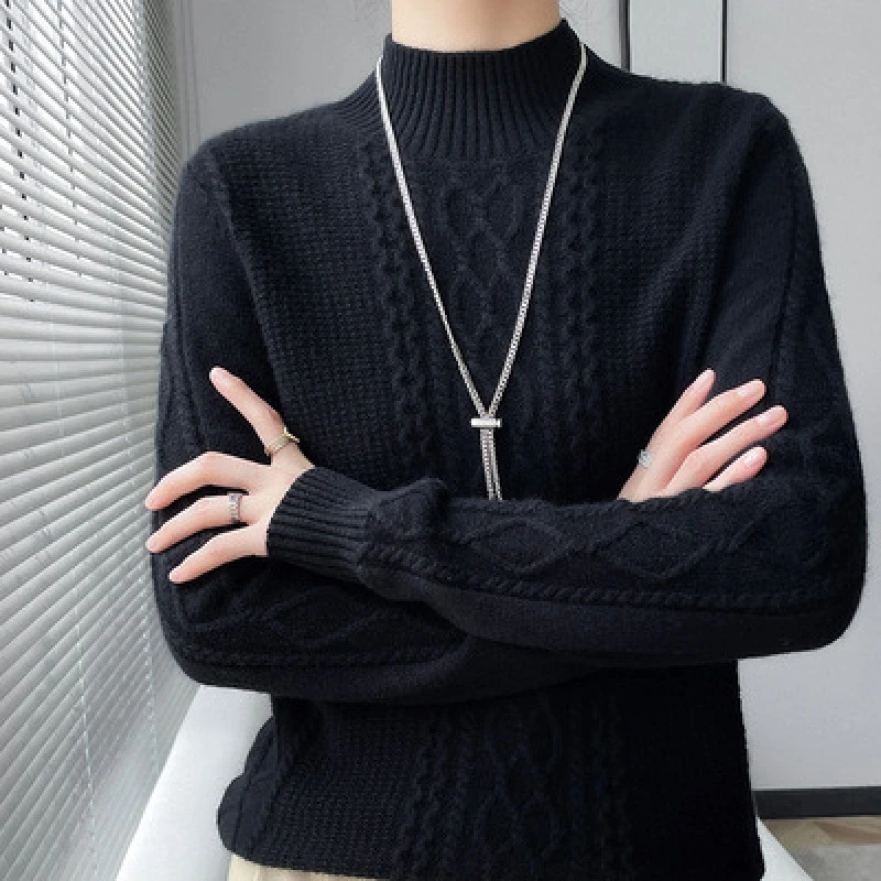 

Classic Women's Autumn Winter Knit Sweater Long Sleeve Mock Neck Solid Color Cable Knitwear Tops