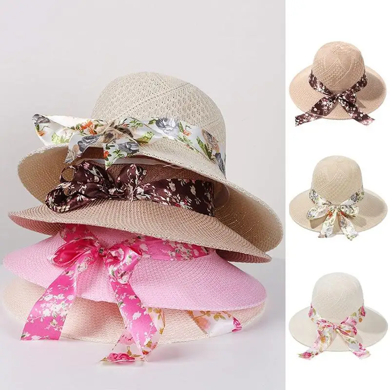 Beige Wide Brim Straw Sun Hat With Polka Dot Ribbon Bow Sun Protection For Summer Beach Outdoor Activities