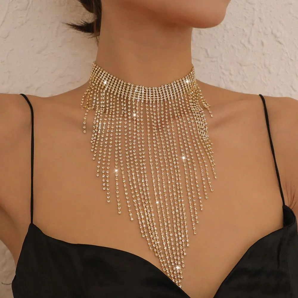 

Retro Sparkling Long Tassel Necklace Korean Style Neckchain Full Rhinestone Necklace Geometric Necklace Clavicle Chain Wedding