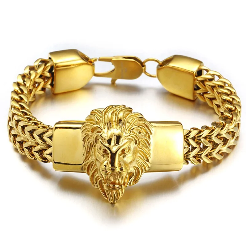 

High Quality Men's Lion Stainless Steel Bracelet, Gold-plated Chain Link, Punk Rock Bike, Fashionable Artificial Jewelry Gift