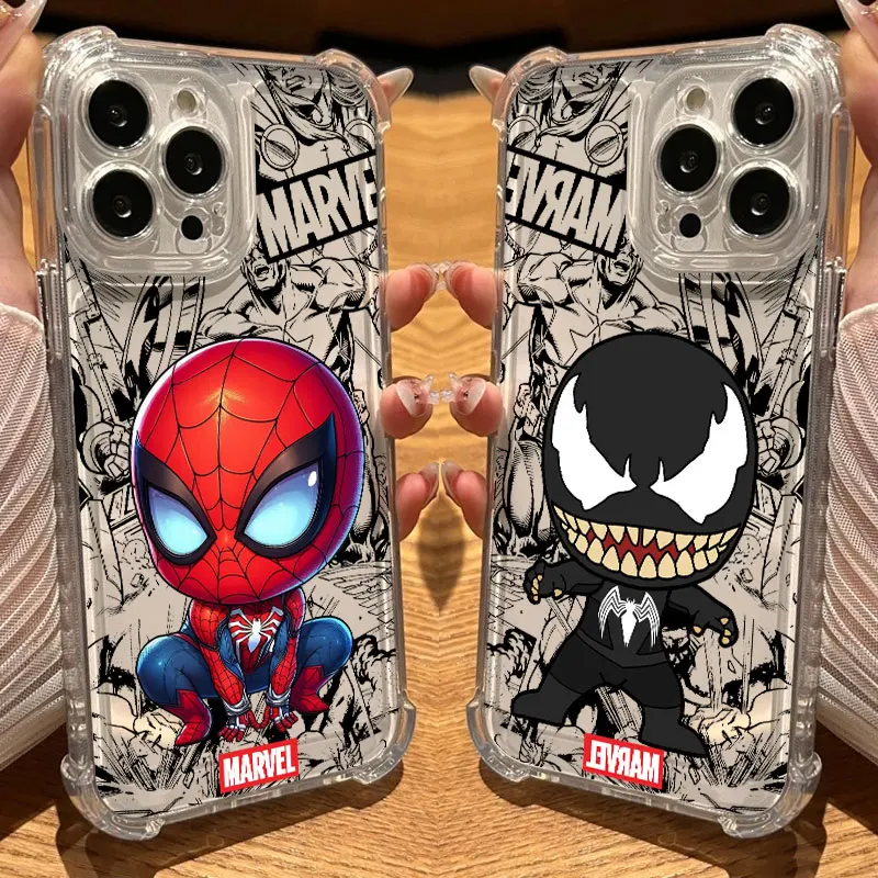 Прозрачный чехол Marvel Venom Spiderman с мультяшным дизайном для iPhone 17, 16, 15, 14, 13, 12, 11 Pro Max, 16e, 17e, Air, 13, 15 Plus, XS, XR, X, 7, 8