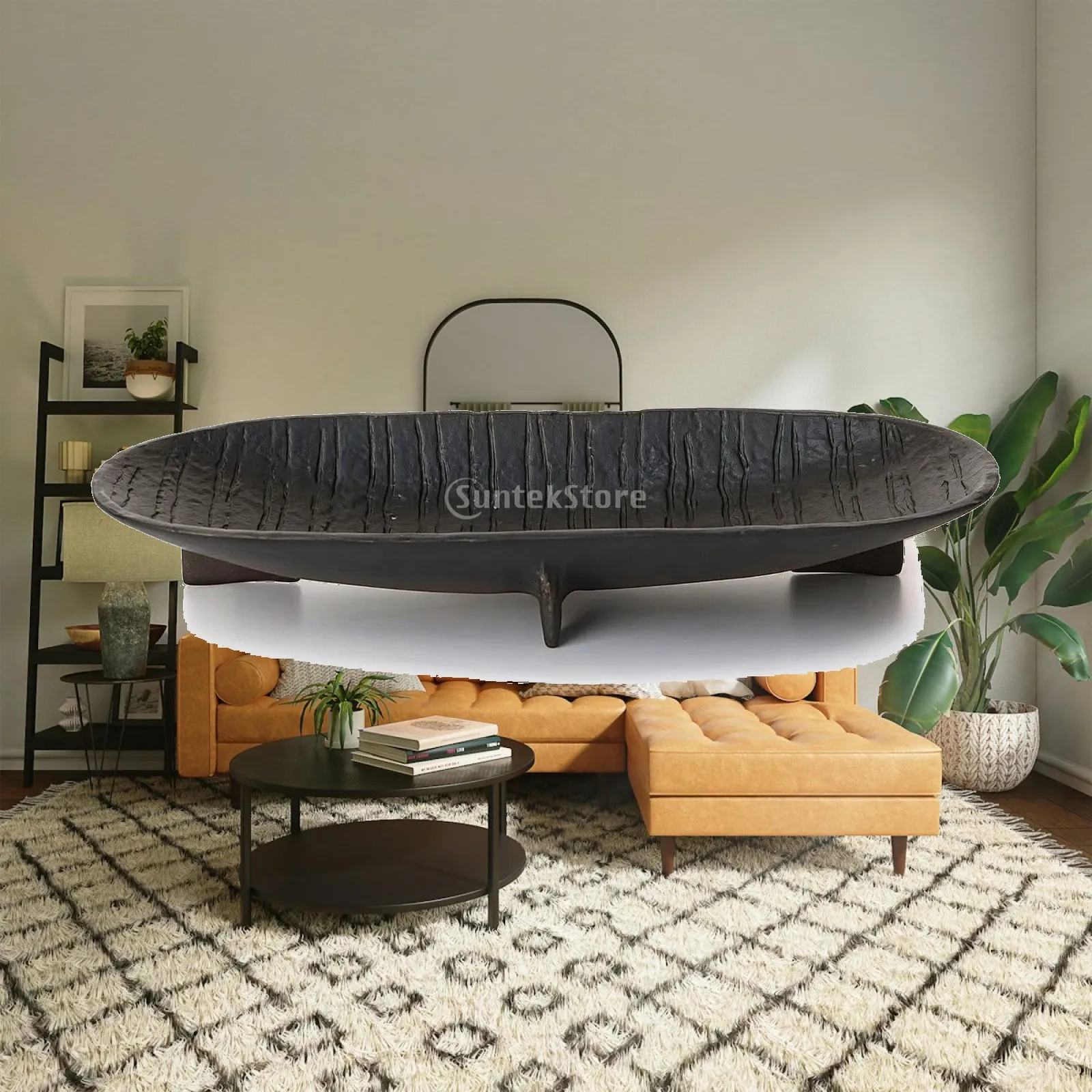 Hammered Metal Tray Boat-Shaped Aluminum Tray Shallow for Sideboard