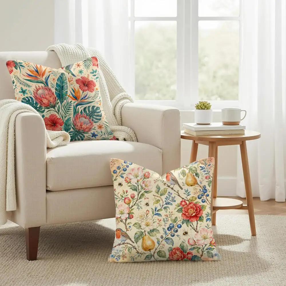 Vintage Botanical Cushion Cover Summer Coolness Linen Organic Fabric Sofa Pillow Case Double-Sided Printing Home Decor