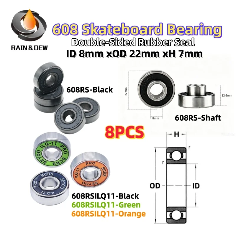8 SZT. Łożyska 608RS 8x22x7mm ILQ-11 Czarne/Zielone/Pomarańczowe 608RS-Czarne Łożyska do Deskorolek, Wrotków, Hulajnóg