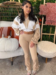 Fashion Patchwork Long Sleeve Zipper Crop Jacket and Skinny Pencil Pants Two Piece Set Woman Tracksuit Jogger Sports Outfits
