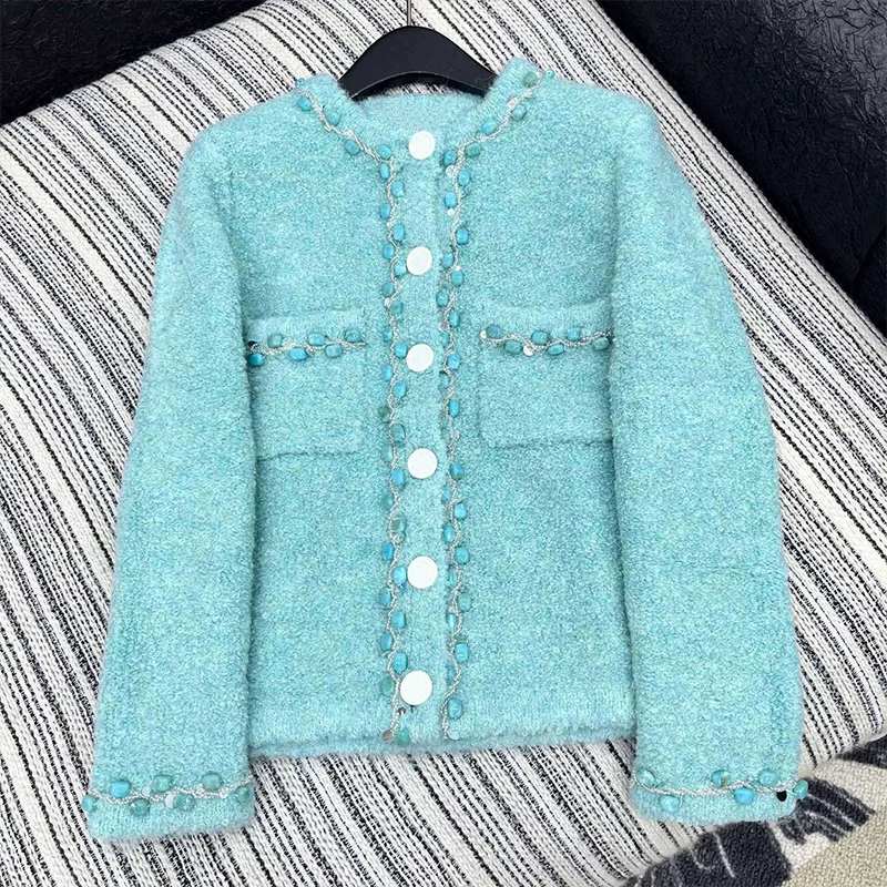 

Высококачественное пальто для тяжелой промышленности с вышивкой и ромбовидным дизайном, женский кардиган с круглым вырезом и одной пуговицей, свитер 25100893