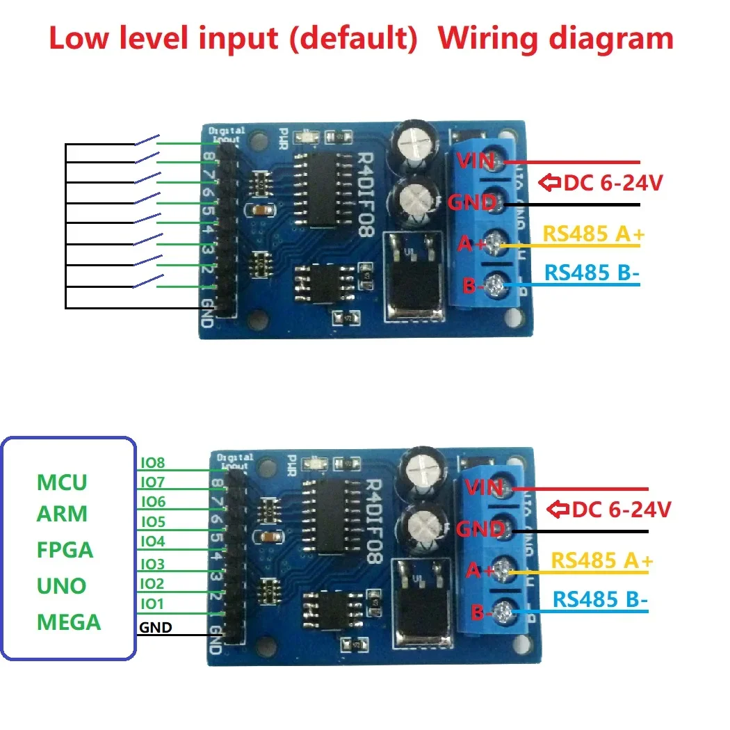 R4DIF08 8 Bit Digital Switch TTL LvTTL CMOS IO Input UART RS485 Modbus RTU Module for PLC Expand