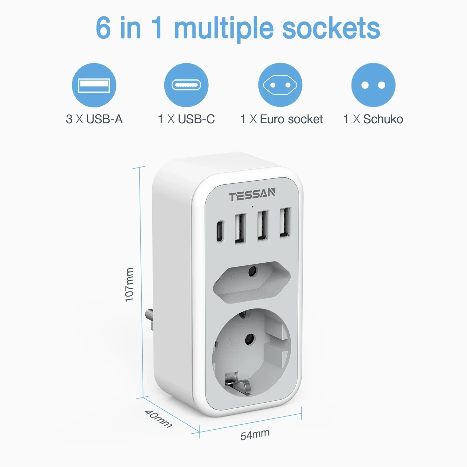 TESSAN Wall Socket Adapter with 2 Socket 3 USB A Ports and 1 Type C Plug 6 in 1 Multiple EU Wall Plug Adapter for Home Office