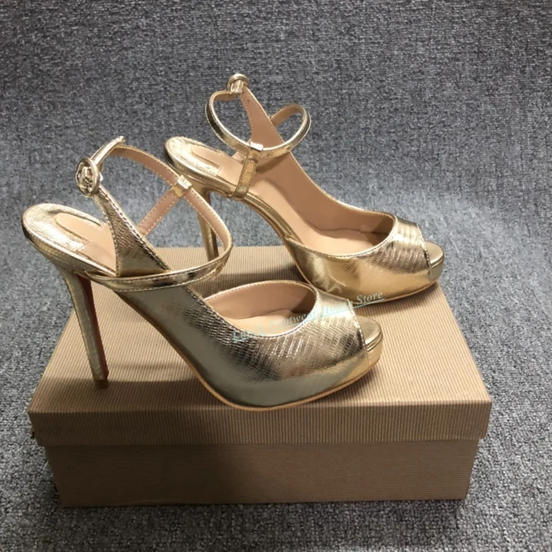 Lovely Gold Leather Woman Stiletto Heel Sandal Shoes Peep Toe Buckle Ankle Strap Female Thin High Heel Summer Sandal Shoes