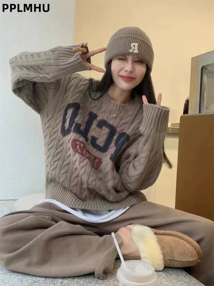 

Винтажный модный пуловер, свитер с длинными рукавами и буквами в стиле пэчворк, мешковатый вязаный топ, женские повседневные свободные мягкие джемперы с круглым вырезом