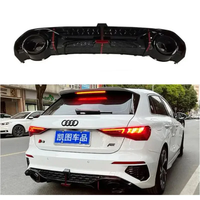 

ABS Gloss Black Car Rear Bumper Lip Diffuser Spoiler With Exhaust Tips For Audi A3 S3 RS3 Hatchback 2021 2022 2023 (With Lamp)