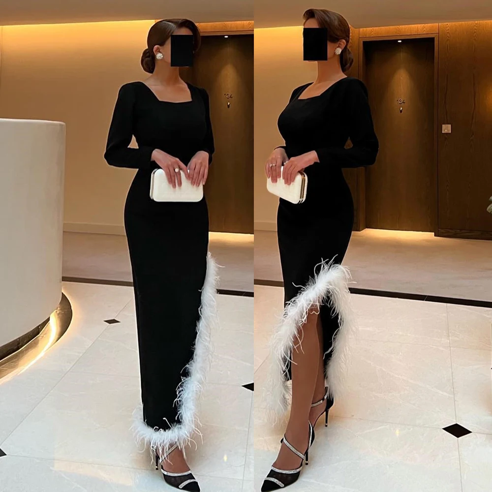 

Long Sleeve Prom Gown Sexy Sheath Square Neck White Feathers Evening Dresses Women Vintage Formal Party Dress فساتين سهرة فخمه