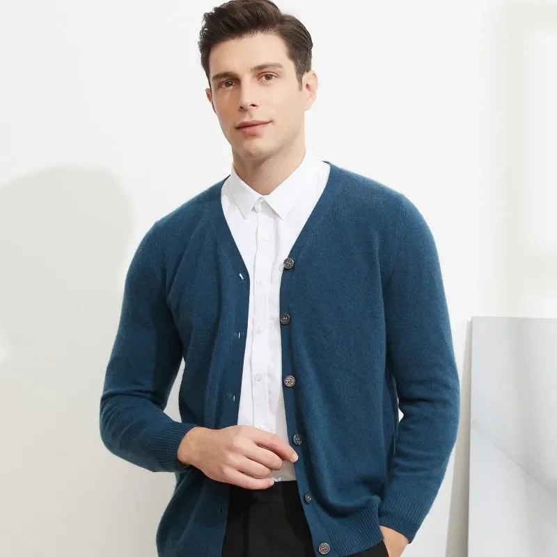 100% Goat Cashmere Coat Men's V-Neck Cardigan Clothing Autumn and Winter Solid Color Large Jacket Casual Fashion Basic Shirt Top