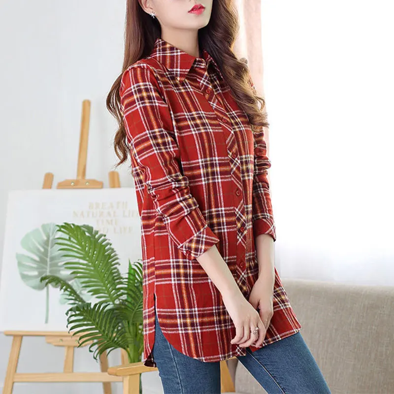 Women\'s Mid Length Plaid Shirt, Elegant, Simplicity, Loose, Korean Tops, Casual Clothes, Spring and Summer Fashion, New Style